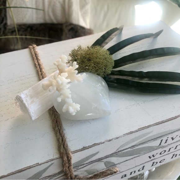 New! Zen Bamboo Selenite Crystal Heart Wood Book Stack - Picture 2 of 5